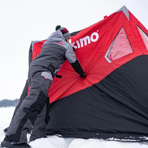 Vista 4 de Eskimo Outbreak Portable Pop-Up Ice Fishing Shelter, Stormshield Insulated Fabric, No Trip Door, Durable Hub Design, Deluxe Tie Downs