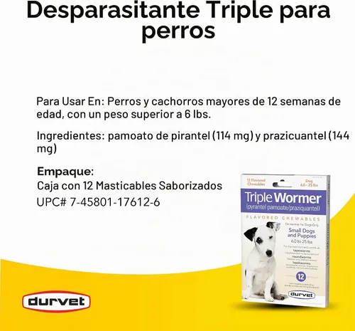Vista 4 de Durvet Paquete de 12 tabletas Triple Wormer para cachorros y perros pequeños