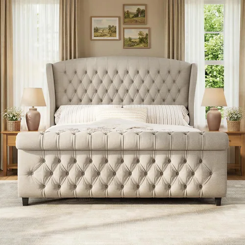 Vista 11 de LUXOAK Estructura de cama tapizada tamaño Queen con cabecera capitoné Negro