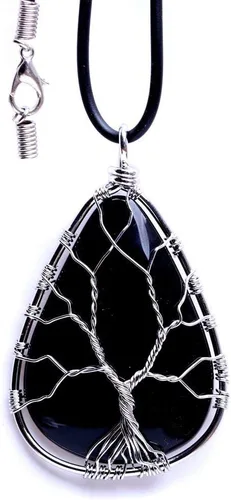Vista 3 de Collar con colgante de lágrima de piedra preciosa verde natural de árbol de la vida envuelto en alambre de cristal curativo piedra de chakra