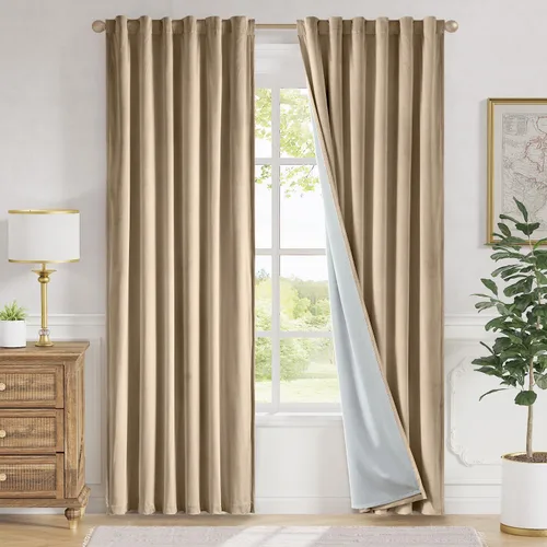 Vista 104 de Lazzzy Cortinas opacas de terciopelo beige de 84 pulgadas de largo con aislamiento térmico para oscurecer la habitación, cortinas forradas de lujo