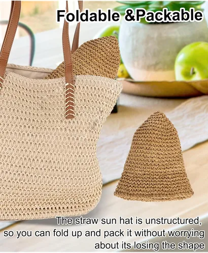 Vista 5 de Sombrero de sol para mujer, hecho a mano, con paja, protección UV, para viajes, verano, playa Caqui