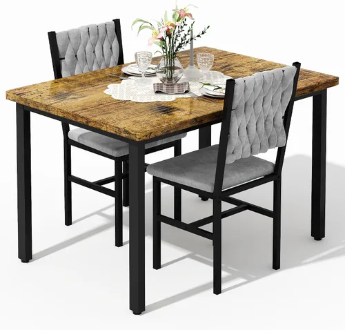 Vista 9 de AWQM Juego de mesa de comedor de 3 piezas para 2, mesa de comedor pequeña de cocina con sillas tapizadas, juego de mesa de comedor compacto para Gris