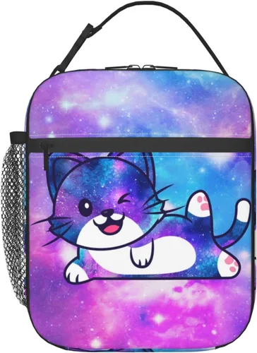 Vista 2 de Lonchera térmica con estampado de gatos Galaxy con asa desmontable, lonchera reutilizable para niñas, niños y adultos