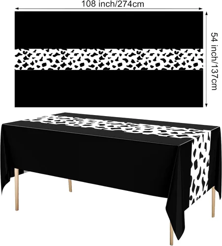 Vista 2 de Paquete de 3 manteles con estampado de vaca negra, 54 x 108 pulgadas, mantel rectangular desechable para fiesta de vaquera occidental, mi primer