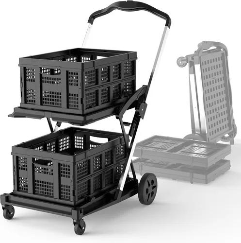 Vista 7 de TOOLIOM - Carrito de compras plegable de 2 niveles con plegado de un botón Ruedas delanteras giratorias, ruedas traseras grandes, frenos