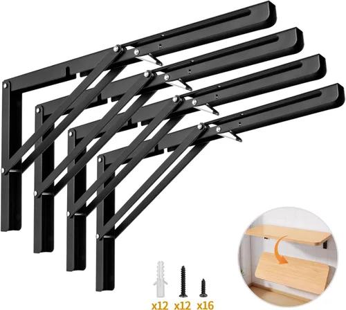 Vista 13 de Yarssihha Soporte plegable de estante de 8 pulgadas, paquete de 2 soportes plegables resistentes montados en la pared, soportes plegables de metal