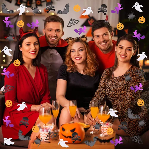 Vista 7 de MARFOREVER Decoraciones de confeti con purpurina de Halloween, fiesta de Halloween, dispersión de confeti negro, naranja, morado, fantasma