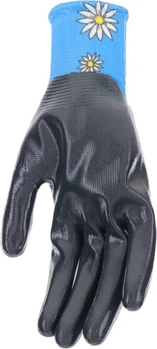 Vista 5 de MUD Guantes de jardinería con estampado de margaritas para mujer, con carcasa de poliéster y palma recubierta de nitrilo plano, Azul