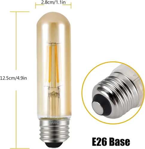 Vista 2 de Bombillas LED T10 de 2200 K blanco cálido, bombillas Edison tubulares de color ámbar de 4 W, base media E26, equivalente a 40 vatios, tubo