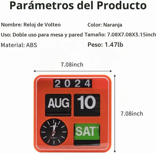 Vista 6 de Reloj de pared retro moderno de 9.45 pulgadas con calendario, fecha, escritorio abatible, negro, (sin batería incluida) (ámbar)