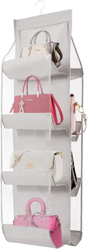 Vista 17 de AARAINBOW Paquete de 2 Organizadores Colgantes de Bolsos y Carteras para Closet, 8 Bolsillos Organizadores de Almacenamiento de Carteras que Ahorran