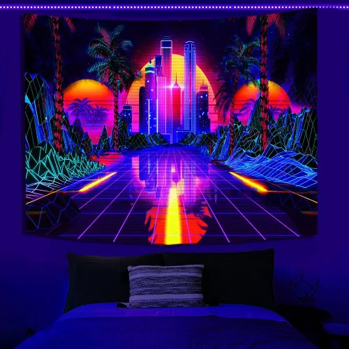 Vista 8 de TPMDFC Tapiz punk urbano con luz negra, reactivo a los rayos UV, decoración futurista japonesa de ciudad futurista, tamaño pequeño, 40 pulgadas, 30