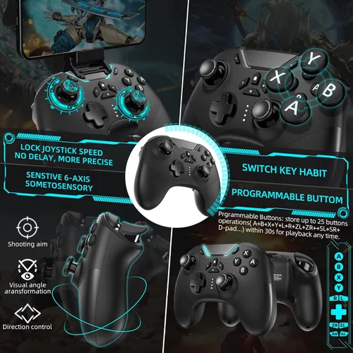 Vista 3 de Bluetooth Controller for SwitchPCiPhoneAndroidApple Arcade MFi GamesTVSteam, Pro Wireless Game Controller Remote Gamepad with Phone Clip with Lock