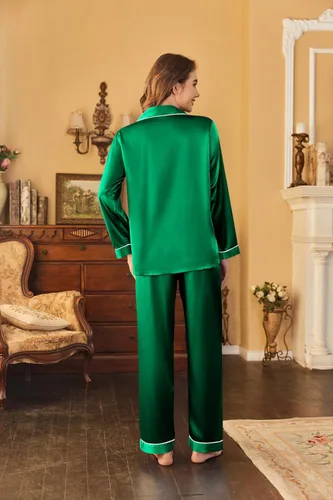 Vista 4 de Ekouaer - Conjunto de pijama clásico de seda satinada, con botones, para mujer