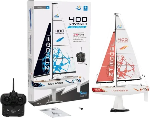 Vista 3 de PLAYSTEM Voyager 400 RC - Velero controlado por viento en azul, 26 pulgadas de alto