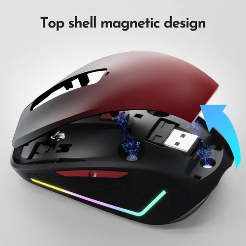 Vista 8 de FENISIO Mouse inalámbrico, mouse inalámbrico RGB para laptop, sensor óptico de 1600 DPI, 3 niveles ajustables, mouse ergonómico recargable de 2.4