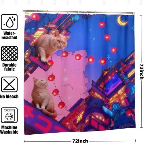 Vista 2 de Neon City - Cortina de ducha de gatos con linternas, poliéster impermeable, decoración Cyberpunk para niños y adultos, se adapta a bañera, ducha