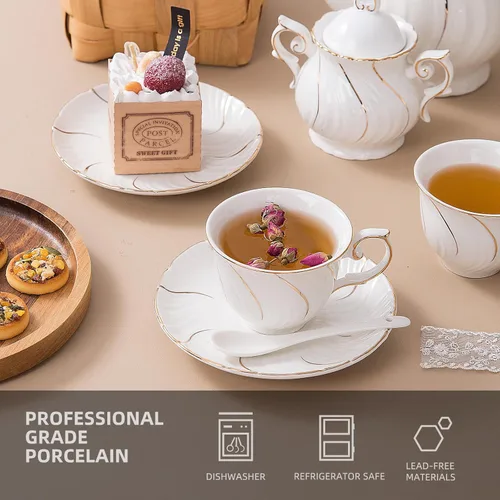 Vista 2 de Agyiuns Juego de té de 21 piezas de tazas de té y platillos de cerámica, juego de 6 con azúcar y crema y tetera, juego de tetera para adultos