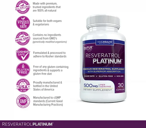 Vista 4 de Suplemento antioxidante de platino Resveratrol: potente fórmula antienvejecimiento con resveratrol trans puro y natural para apoyo inmunológico