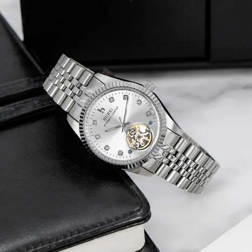 Vista 5 de BUREI Reloj automático de lujo para hombre, resistente al agua, reloj mecánico, correa ajustable de dos tonos de acero inoxidable