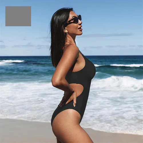 Vista 4 de Back One-Piece Swimsuit Women Solid Black Sexy V-Neck Monokini Swimwear Bathing Suits Beachwear