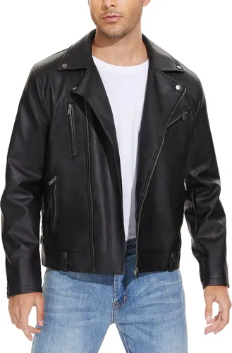 Vista 6 de Fahsyee - Chaquetas de cuero para hombre, chaqueta bomber de piel sintética con solapa de motociclista, cierre asimétrico de cremallera, cinturón