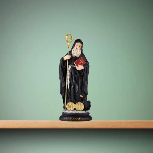 Vista 3 de Christian Brands Estatua de San Benito para decoración del hogar, decoración de estantes y mantos, figura de San Benito con Biblia y Crozier, regalo