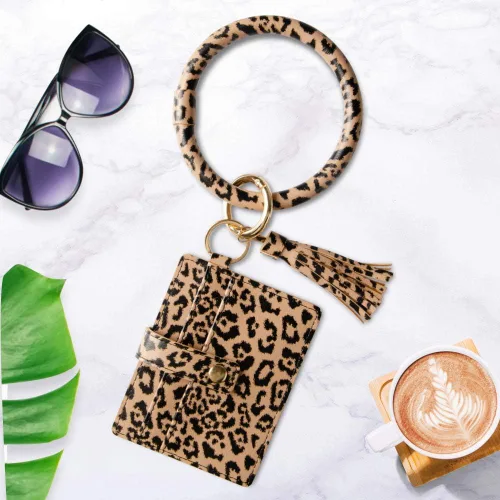 Vista 7 de Llavero pulsera con tarjetero para mujer 3 ranuras para tarjetas PU cuero pulsera llavero pulsera