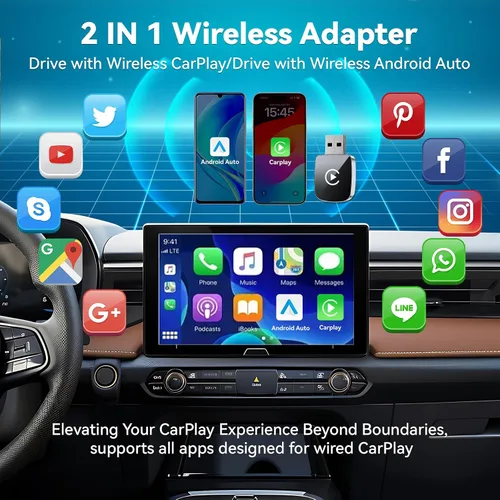 Vista 3 de Adaptador Inalámbrico CarPlay 2026 Mejorado para iPhone, 2 en 1 para Apple CarPlay y Android Auto, Convierte Cableado a Inalámbrico, Plug & Play