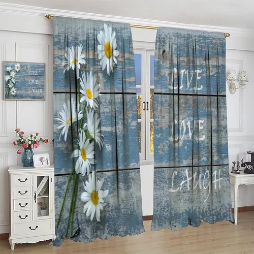 Vista 4 de Cortinas de cocina rústicas y florales, estilo retro, estilo granja, cabaña, casa de campo, margaritas, estilo granja, ventana, puerta