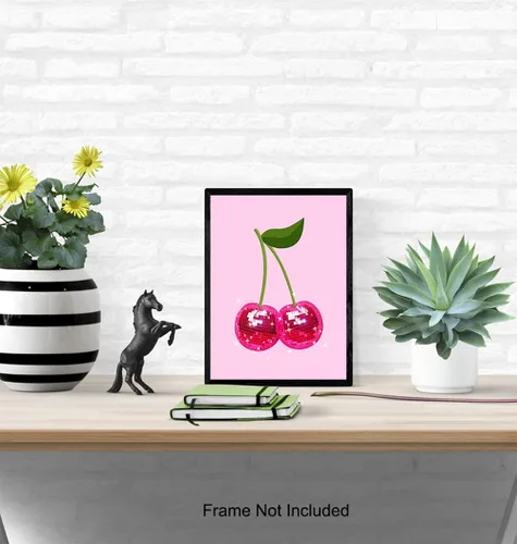Vista 5 de Arte de pared retro de moda y decoración, póster de decoración del hogar con bola de disco de cerezo, arte de pared de sala de estar rosa
