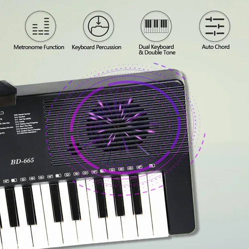 Vista 8 de Piano de teclado de 61 teclas para principiantes con teclas iluminadas y modos de enseñanza profesional, incluye soporte, banco, micrófono, soporte