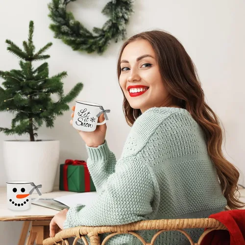 Vista 7 de Whaline 6 mini tazas de café de invierno con cinta para decoración de bandeja escalonada, muñeco de nieve blanco para invierno, Navidad, centros