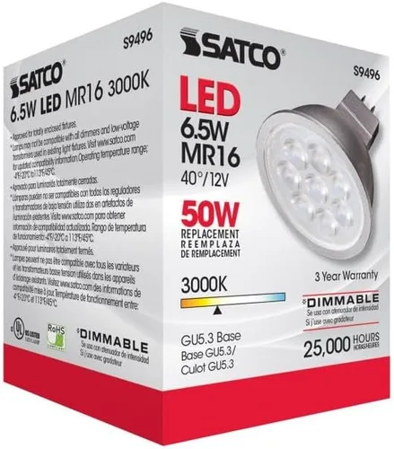 Vista 6 de Satco Lighting - Bombillas LED MR16 de bajo voltaje regulables de 6,5 W, blanco suave de 3000 K, ángulo de haz de 40 grados, base GU5.3, 12 voltios