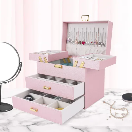Vista 6 de Dajasan Cajas de joyería para mujeres y niñas, organizador de almacenamiento de joyas, 4 capas, caja organizadora de joyas grande con 2 cajones
