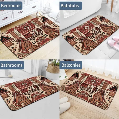 Vista 5 de Tapetes de baño para baño, color rojo, beige, marrón oscuro, patrón de tribu secreta, estilo bohemio, absorbente de agua, antideslizante, alfombra