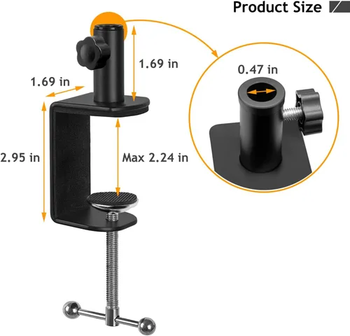 Vista 4 de Abrazadera de escritorio de metal para soporte de micrófono, abrazadera de mesa con brazo de pluma de montaje en C, ajuste de perilla lateral