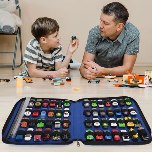 Vista 7 de Organizador de coches de juguete con 52 ranuras (Azul) Se adapta a automóviles fundidos a presión 1:64. Coches no incluidos. Estuche portátil