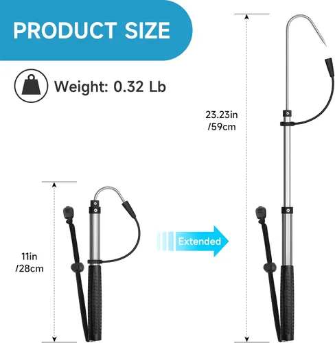 Vista 2 de SANLIKE Telescopic Fishing Gaff Aluminum Pole with Nonslip Rubber Handle Stainless Steel M8 Screw Hook Gris