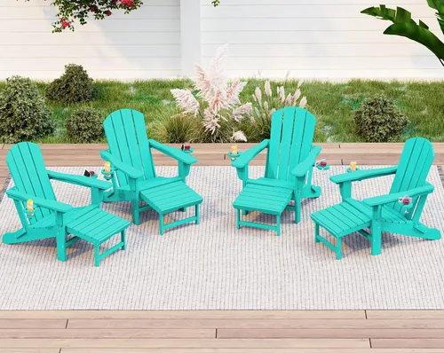Vista 25 de KINGYES Silla Adirondack plegable ajustable con otomana y 2 portavasos, silla reclinable Adirondack HDPE con reposapiés, Aruba