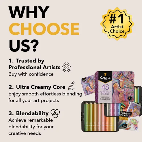 Vista 2 de Castle Art Supplies - Juego de lápices de colores Pasteltint en lata 48 colores en tonos más suaves y suntuosos para artistas profesionales
