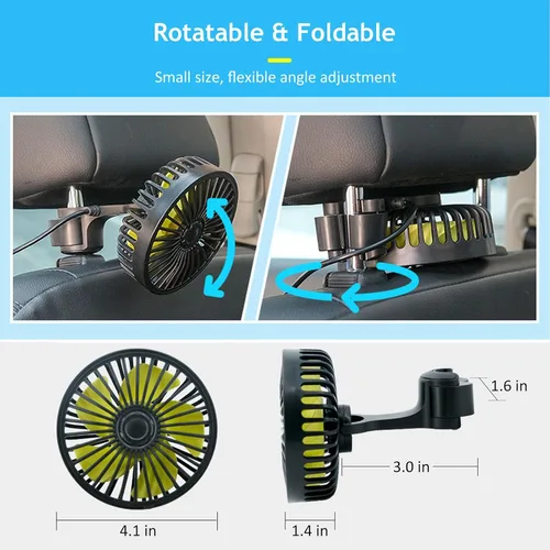 Vista 5 de Ventilador de coche alimentado por USB, ventilador portátil de refrigeración de coche de 3 velocidades, viento fuerte, ventilador de circulación