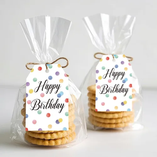 Vista 5 de Etiquetas de regalo de cumpleaños Anwyll - 50 piezas con cuerda para regalos, recuerdos de fiesta, baby shower - Etiquetas de papel con puntos