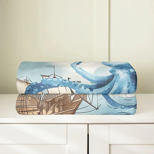 Vista 3 de Manta de franela de pulpo de 40 x 50 pulgadas, cálida y ligera, diseño de dibujos animados 3D, manta sherpa de franela moderna de aventura oceánica