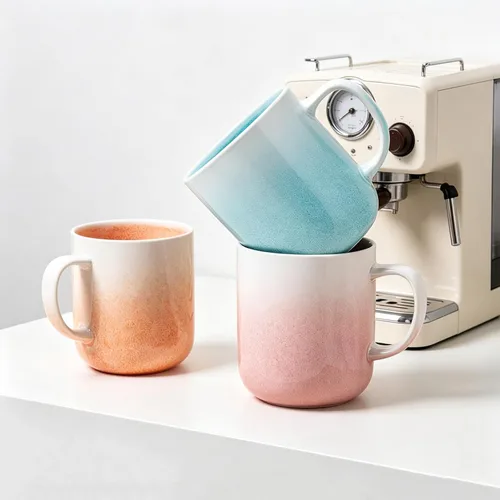 Vista 6 de Juego de 4 tazas de café de gres pintadas a mano de 14 onzas con asa