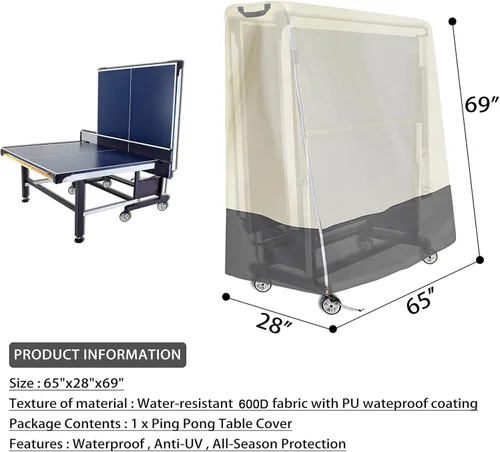 Vista 2 de Cubierta de mesa de ping pong impermeable para mesas de tenis de mesa plegables Diseño de dos tonos beige y gris con correas naranjas para un