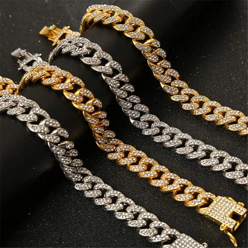 Vista 7 de Pulsera tobillera de eslabones cubanos para mujeres, hombres, adolescentes y niñas, hip-hop chapada en oro de 18 quilatesoro blanco con diamantes