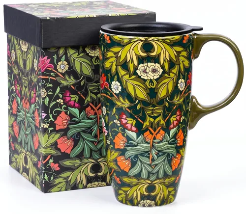 Vista 16 de DUSVALLY Juego de 2 tazas de viaje de cerámica con tapas, juego de tazas florales grandes de 17 onzas con asas, aptas para microondas
