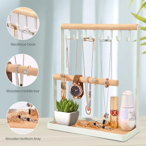 Vista 3 de Portin Organizador de joyas con bandeja de anillos de madera y ganchos almacenamiento de collares pulseras anillos relojes organizador de escritorio